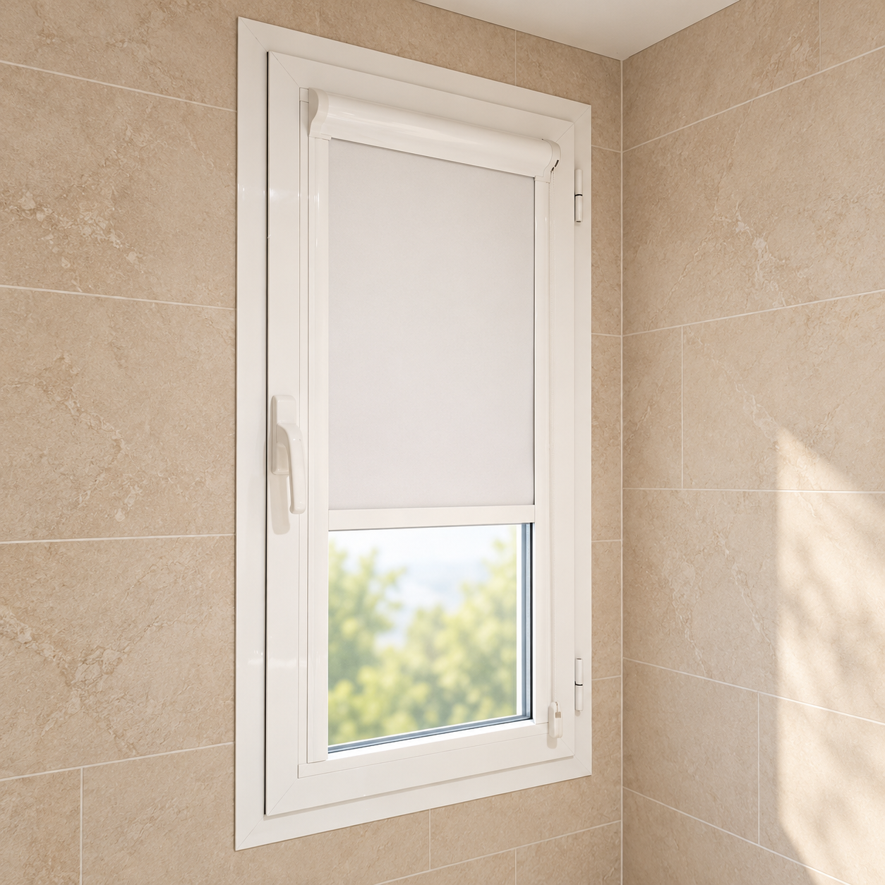 Estor Tucorglass blanco con cajón y guías laterales instalado en una ventana