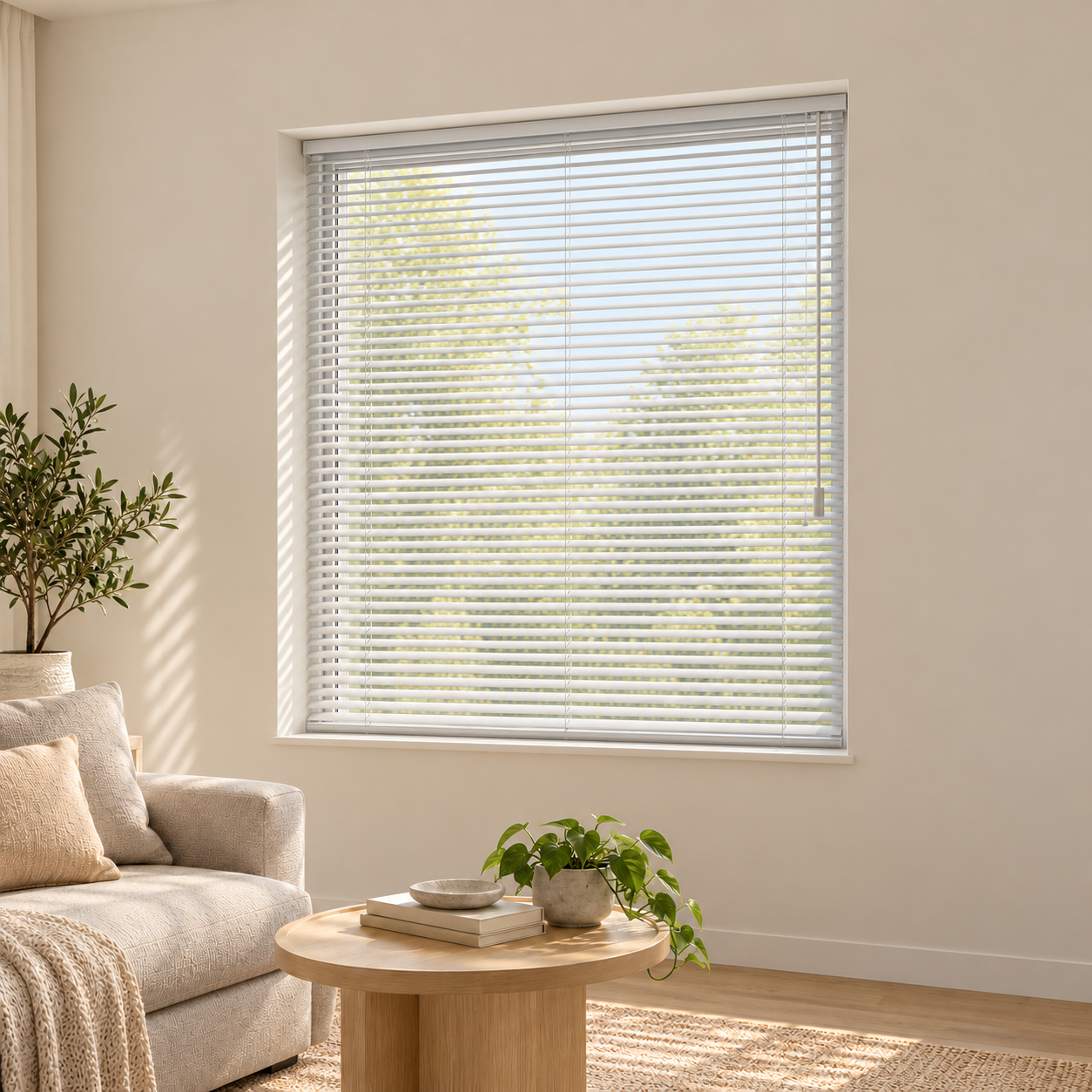 Habitación luminosa con veneciana blanca de aluminio de lama fina y cabezal compacto